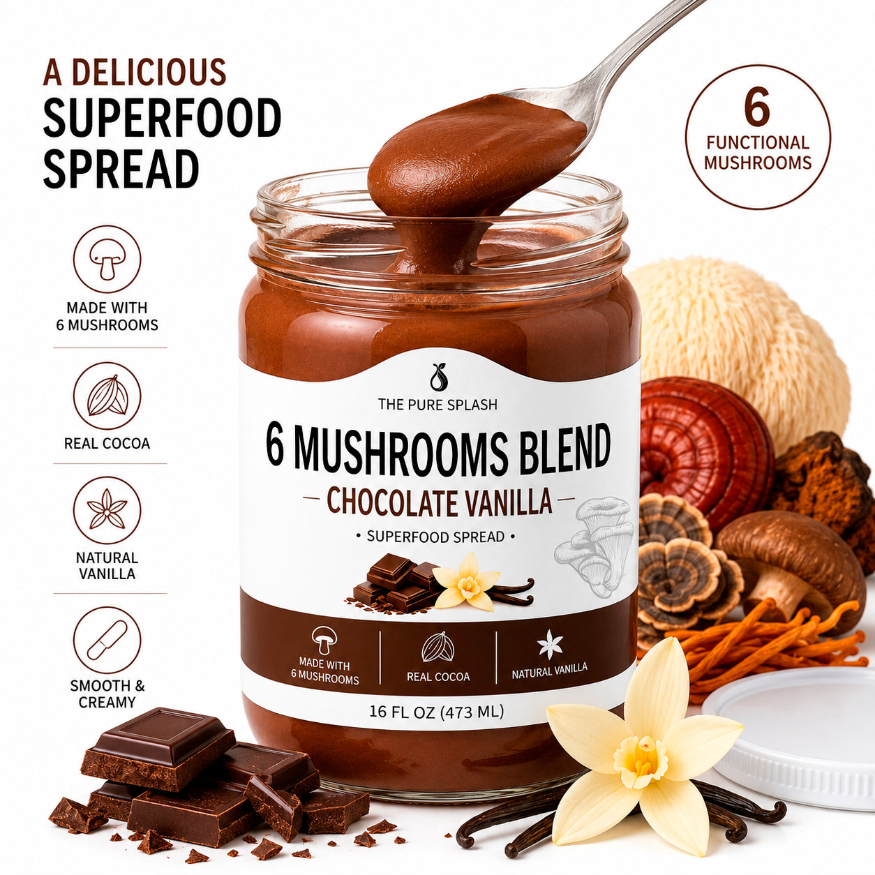 Chocolate Vanilla 6 Mushroom Blend Superfood Spread | Lion's Mane Reishi 16 oz