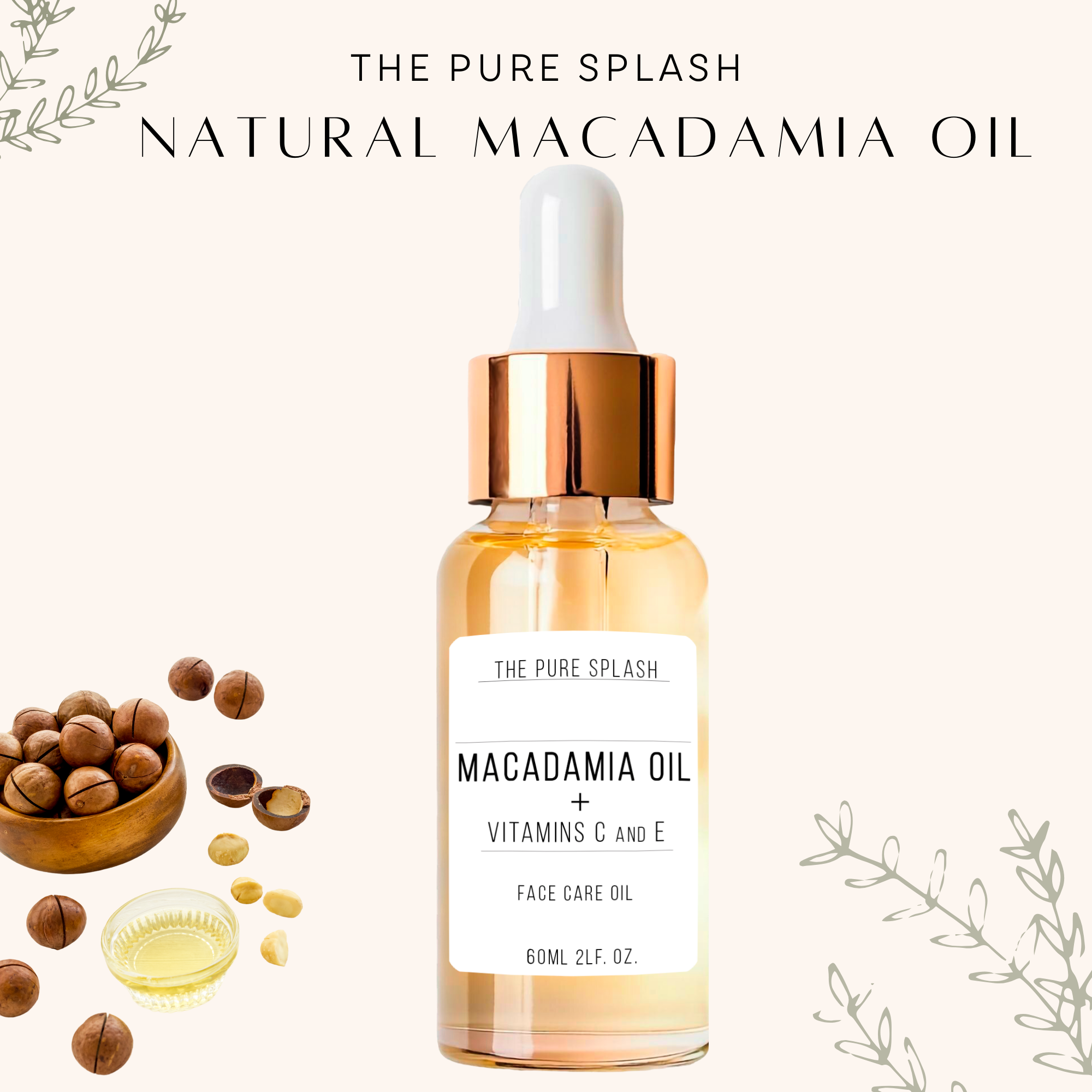 Macadamia Oil + Vitamins C & E | Hydrating & Nourishing Face & Body Oil | Natural Skincare for Dry Skin, Fine Lines, & Radiance | 100% Pure Ingredients | 2oz (60ml)