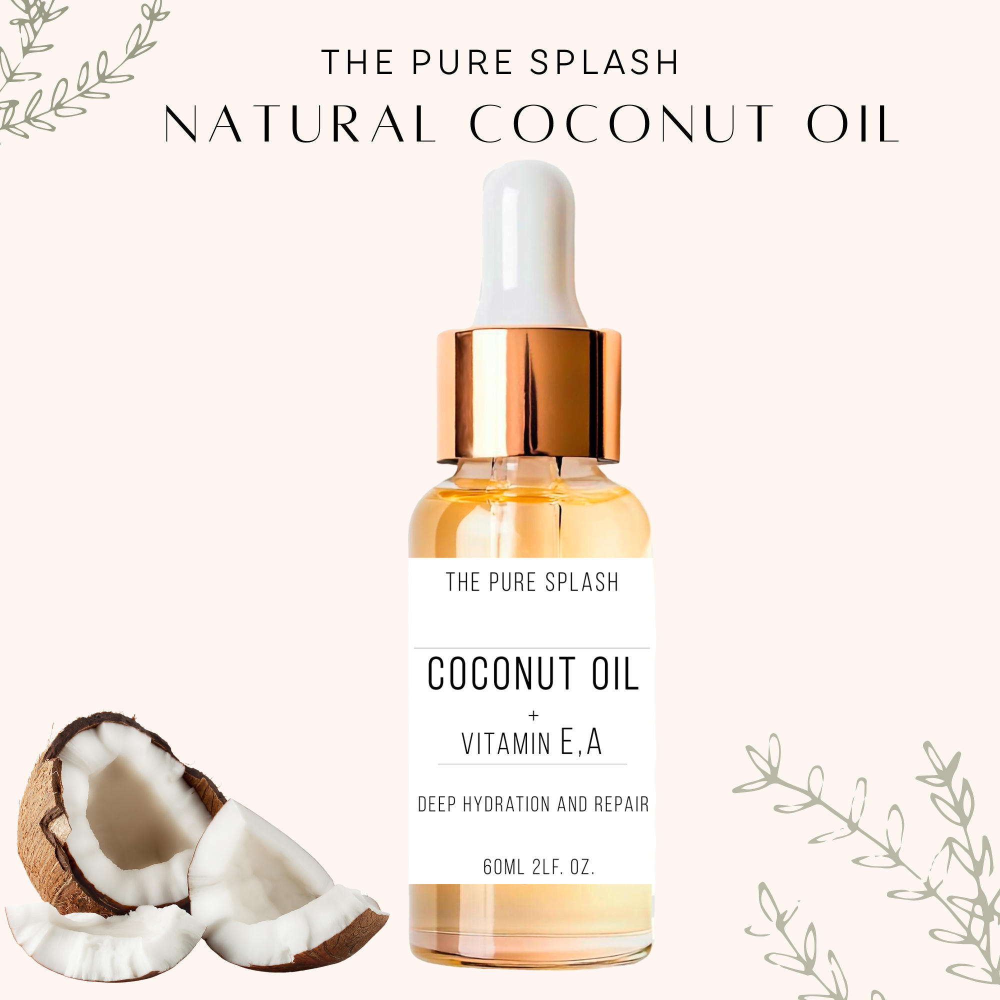Coconut Oil with Vitamins C and E – Natural Skin Care Oil | Hydrating, Brightening & Anti-Aging for Face, Body, and Hands | Non-Greasy Formula | 60ml