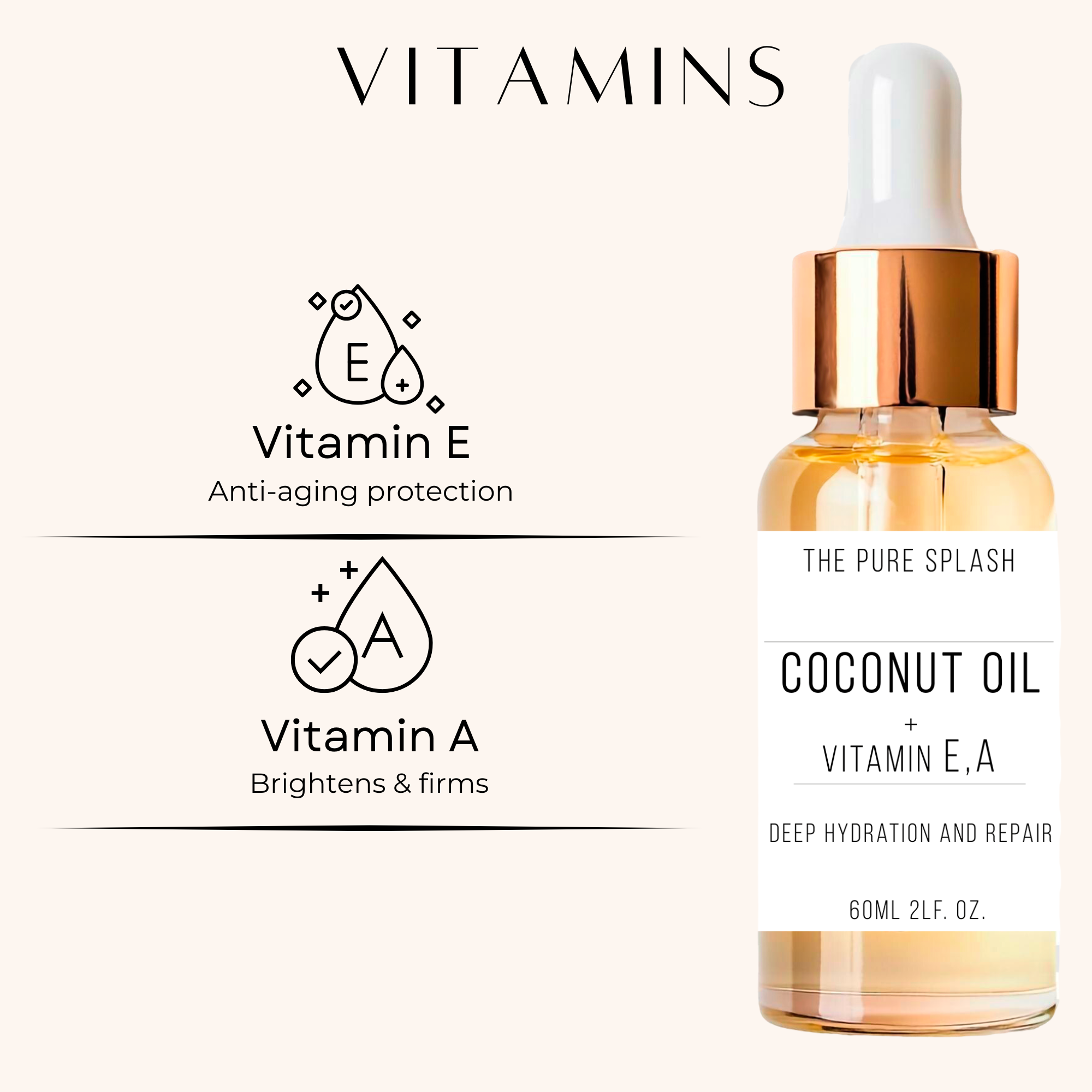 Coconut Oil with Vitamins C and E – Natural Skin Care Oil | Hydrating, Brightening & Anti-Aging for Face, Body, and Hands | Non-Greasy Formula | 60ml