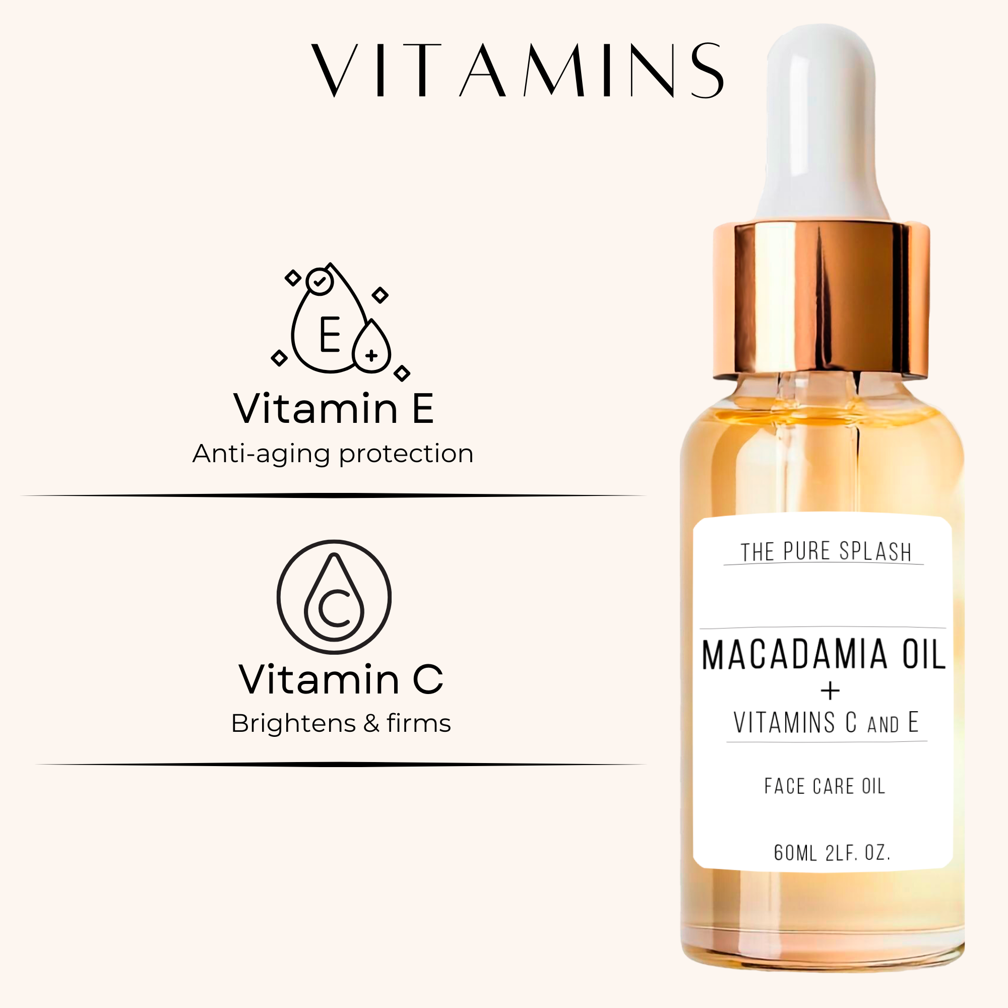 Macadamia Oil + Vitamins C & E | Hydrating & Nourishing Face & Body Oil | Natural Skincare for Dry Skin, Fine Lines, & Radiance | 100% Pure Ingredients | 2oz (60ml)