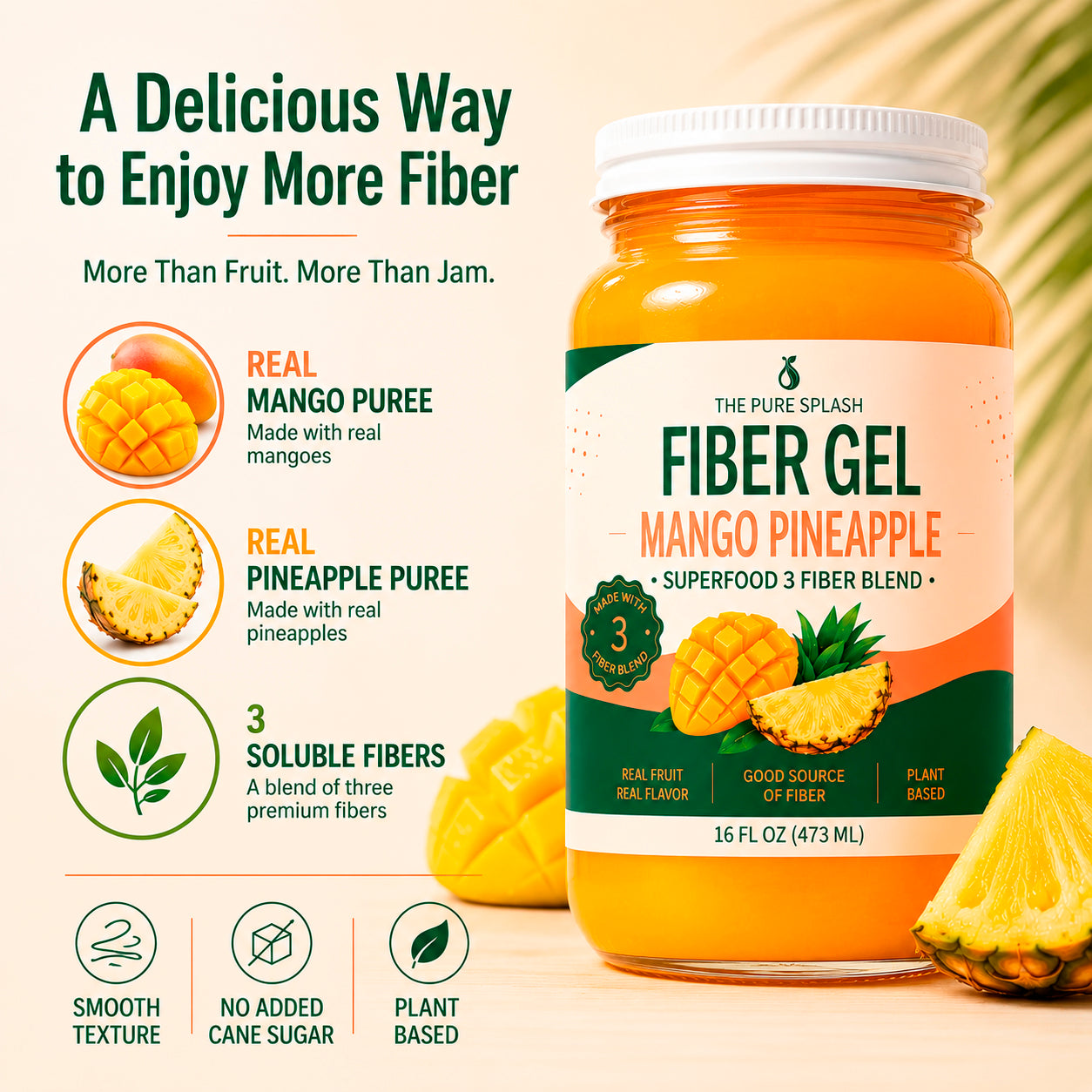 Prebiotic Fiber Gel with 3 Fiber Blend, Mango Pineapple Fruit Spread for Gut Health and Digestive Wellness, 16 oz