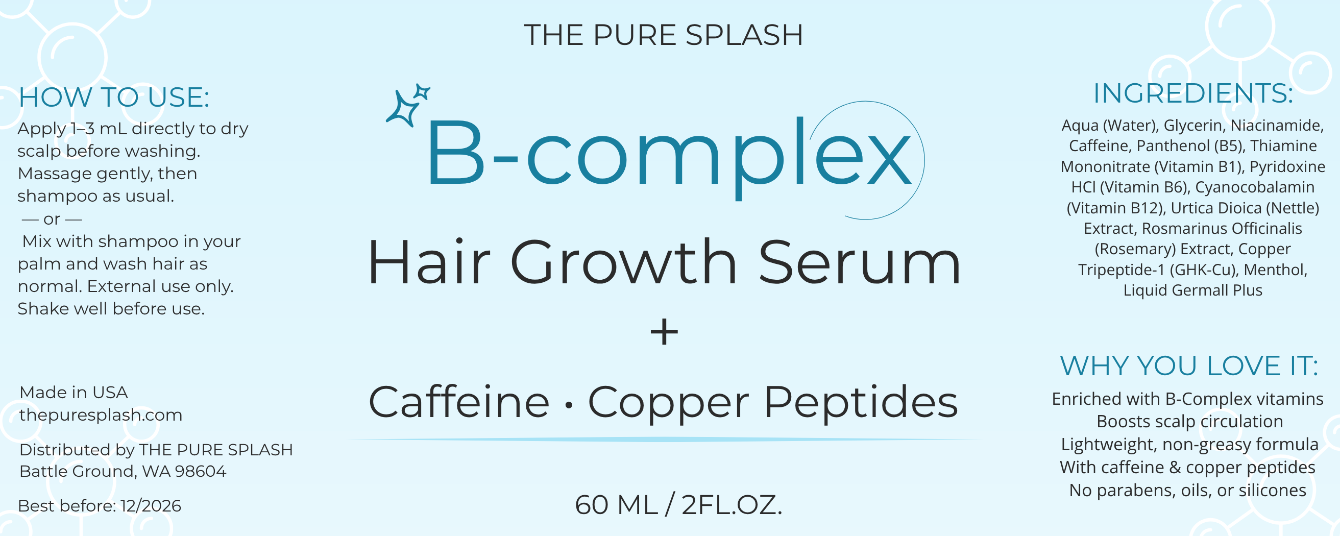 Vitamin B Complex Hair & Scalp Care Serum – Daily Nutrients with Caffeine & Copper Complex – Nourishes & Strengthens Hair – Lightweight, Non-Greasy Formula