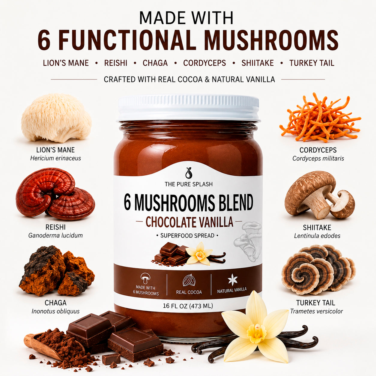Chocolate Vanilla 6 Mushroom Blend Superfood Spread | Lion's Mane Reishi 16 oz