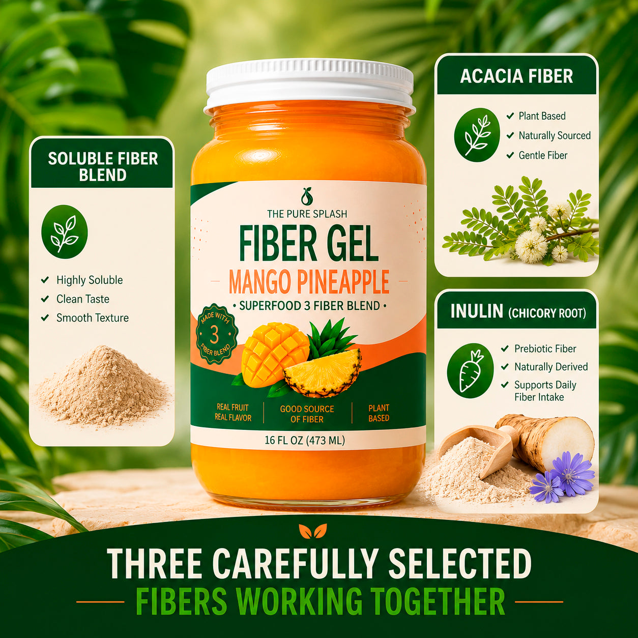 Prebiotic Fiber Gel with 3 Fiber Blend, Mango Pineapple Fruit Spread for Gut Health and Digestive Wellness, 16 oz