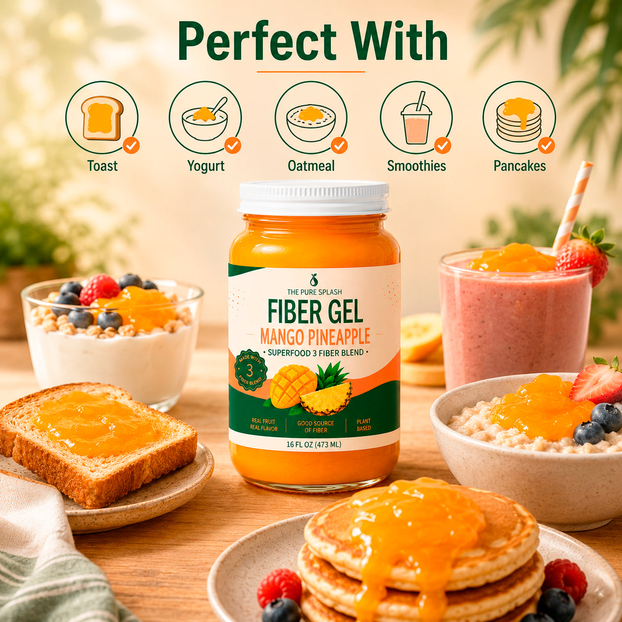 Prebiotic Fiber Gel with 3 Fiber Blend, Mango Pineapple Fruit Spread for Gut Health and Digestive Wellness, 16 oz