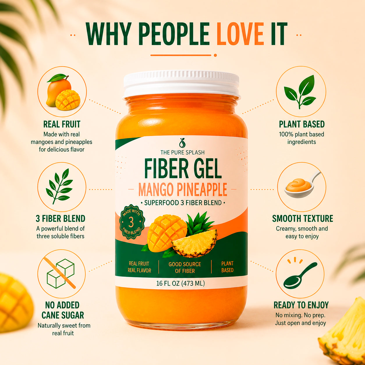 Prebiotic Fiber Gel with 3 Fiber Blend, Mango Pineapple Fruit Spread for Gut Health and Digestive Wellness, 16 oz