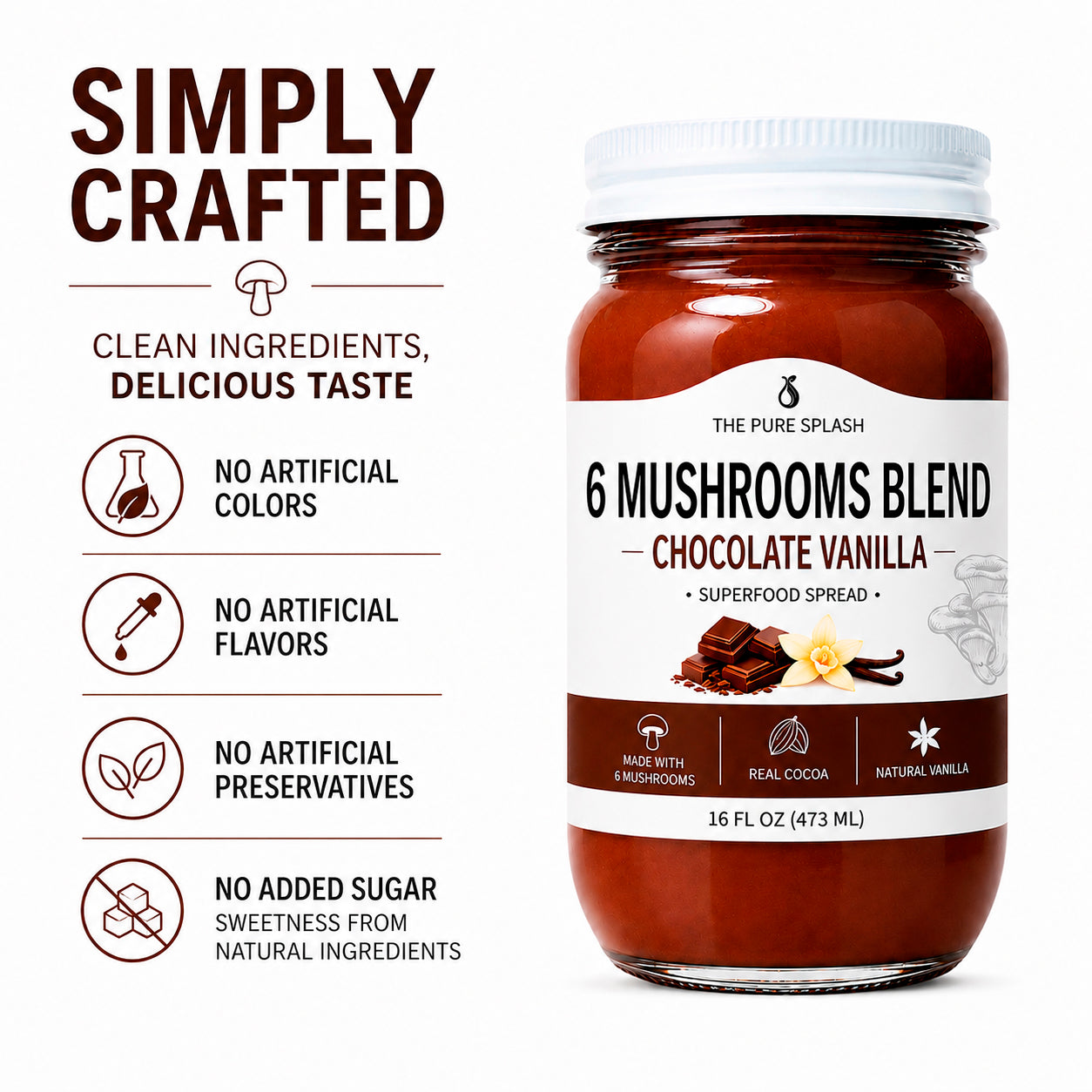 Chocolate Vanilla 6 Mushroom Blend Superfood Spread | Lion's Mane Reishi 16 oz