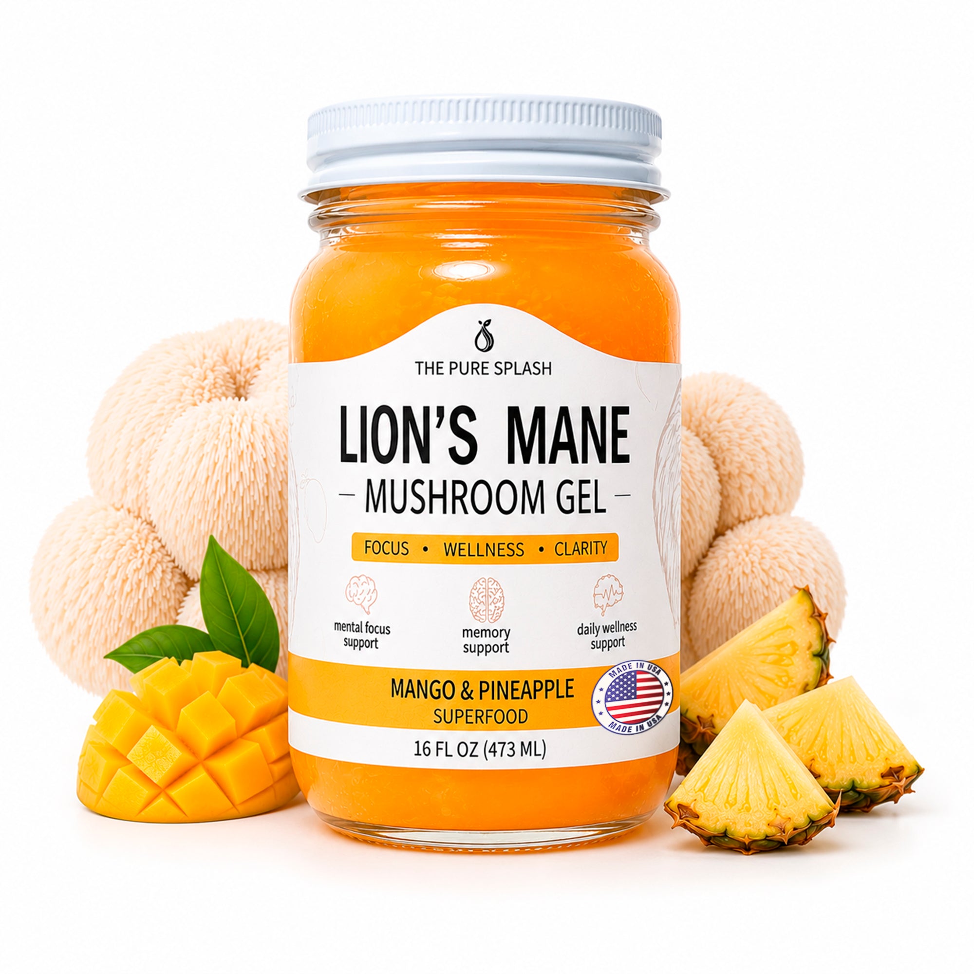 Lion’s Mane Mushroom Gel, Mango Pineapple Superfood Jelly, Natural Wellness Supplement, Focus Clarity Support, Small Batch Mushroom Blend