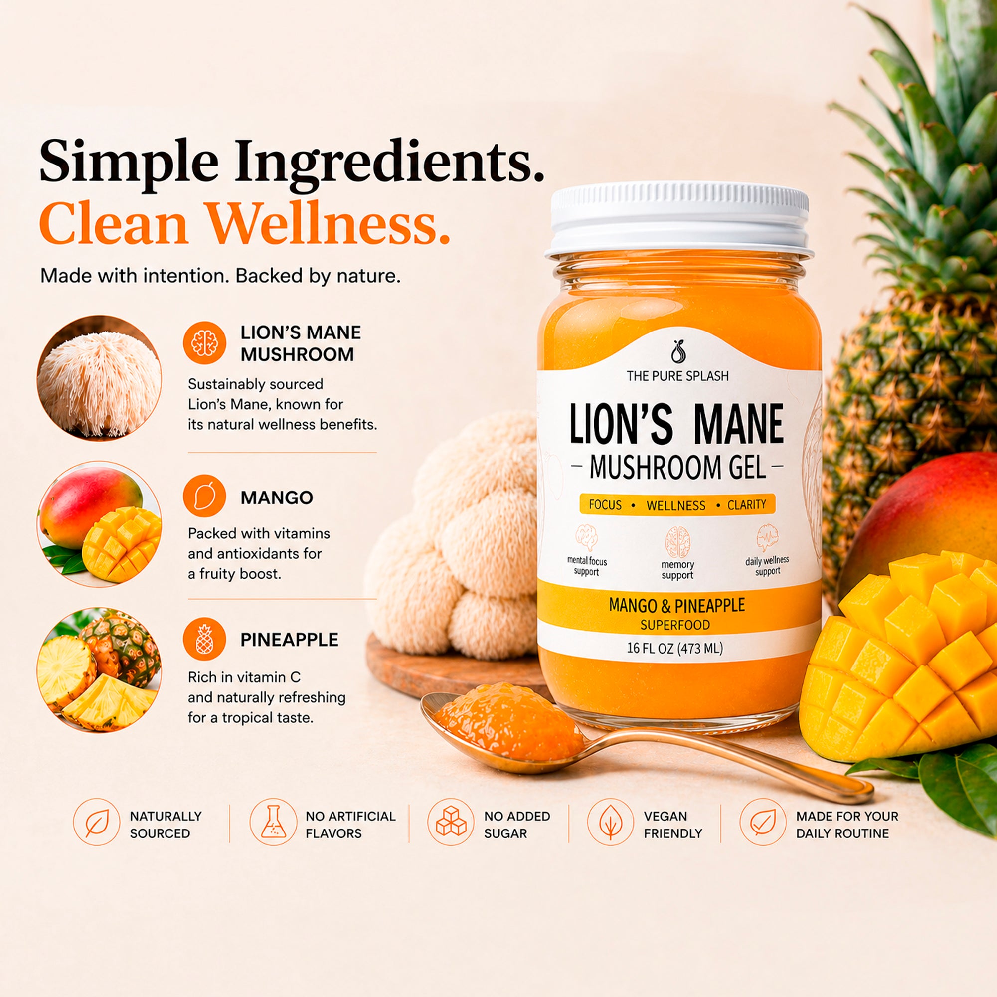 Lion’s Mane Mushroom Gel/Jam, Mango Pineapple Superfood Jelly, Natural Wellness Supplement, Focus Clarity Support, Small Batch Mushroom Blend