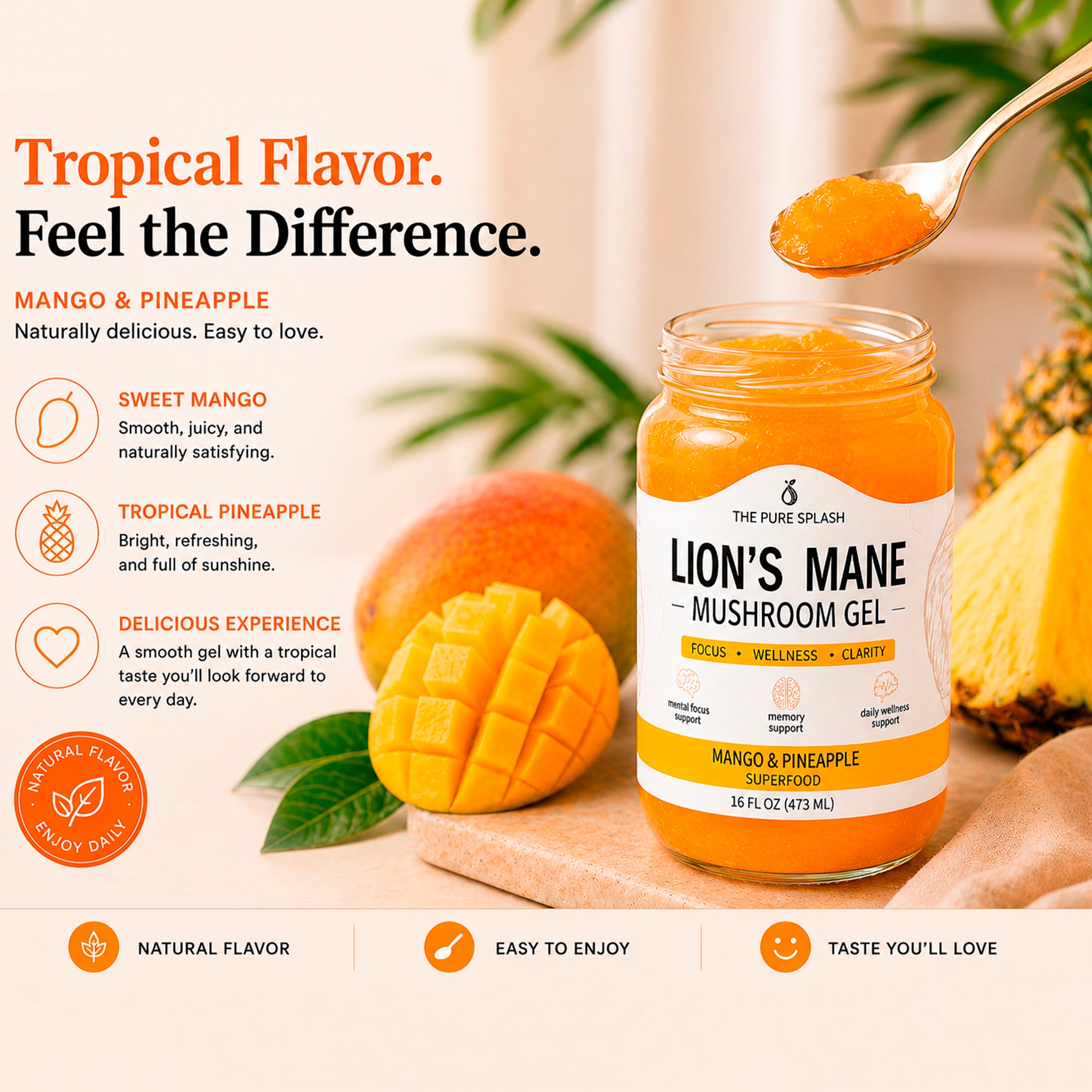 Lion’s Mane Mushroom Gel/Jam, Mango Pineapple Superfood Jelly, Natural Wellness Supplement, Focus Clarity Support, Small Batch Mushroom Blend