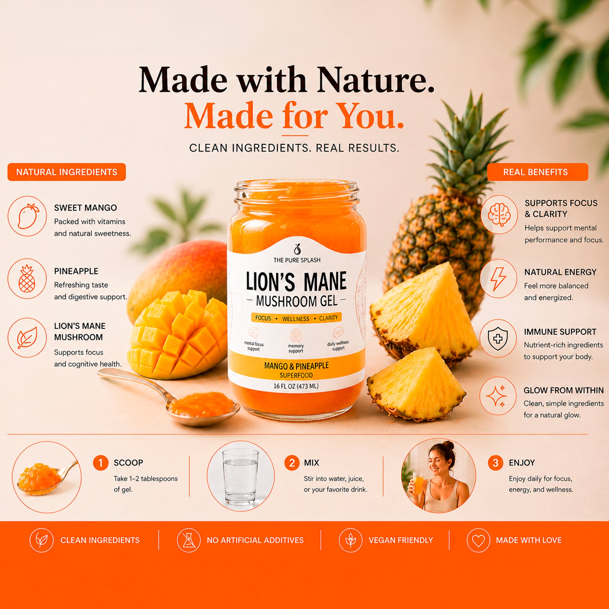 Lion’s Mane Mushroom Gel/Jam, Mango Pineapple Superfood Jelly, Natural Wellness Supplement, Focus Clarity Support, Small Batch Mushroom Blend