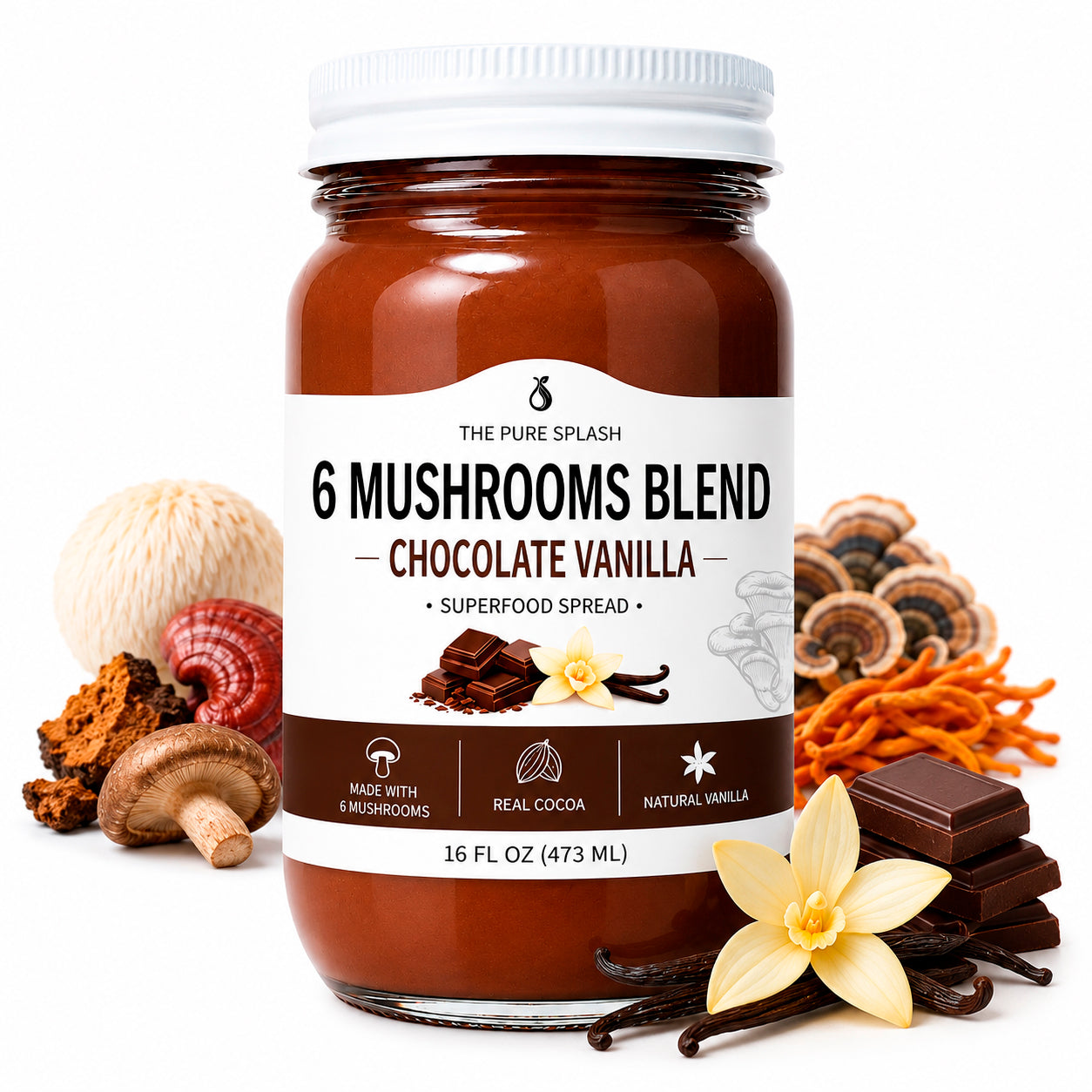 Chocolate Vanilla 6 Mushroom Blend Superfood Spread | Lion's Mane Reishi 16 oz