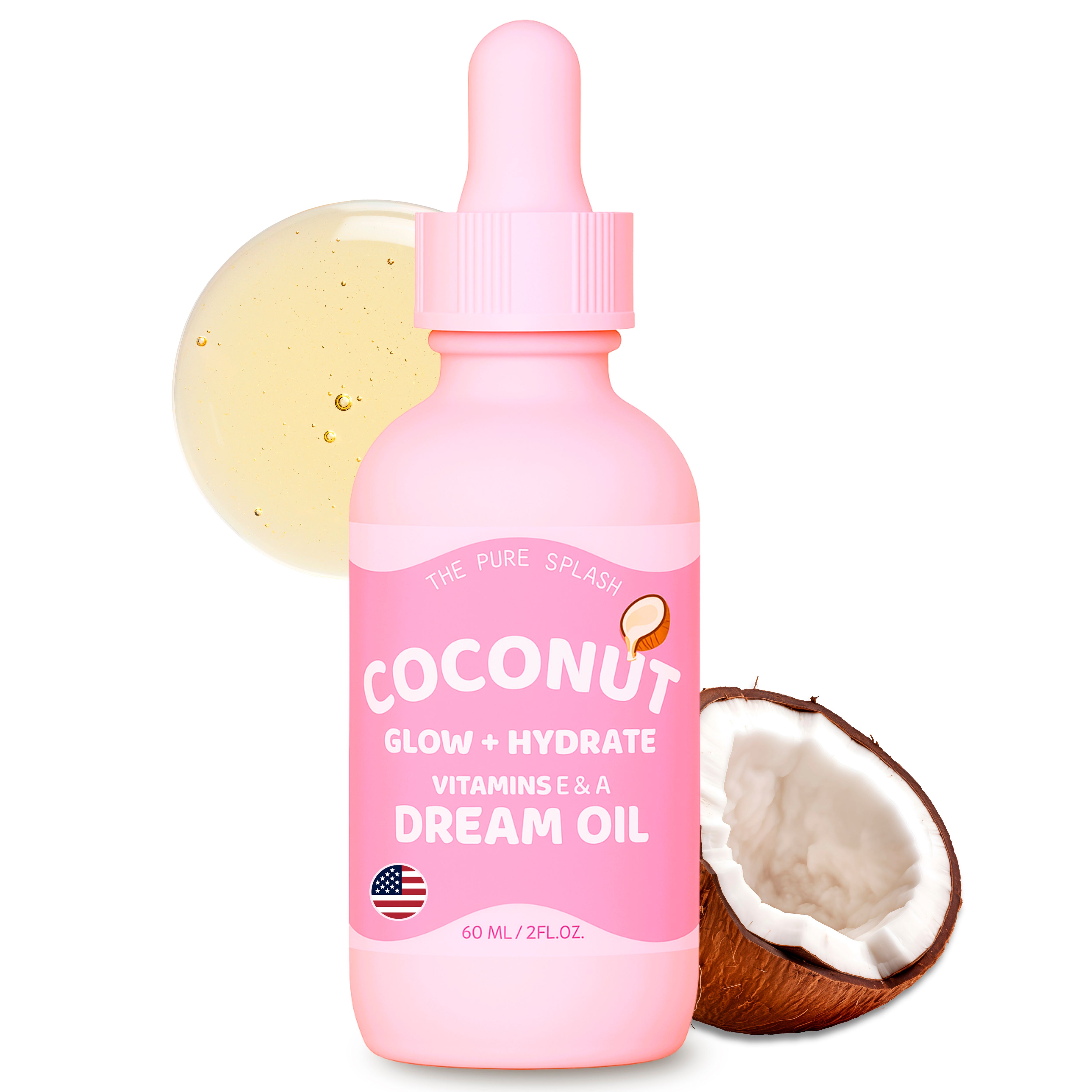 Coconut Dream Oil – Glow + Hydrate Face & Body Oil with Vitamins E & A – Lightweight, Non-Greasy Daily Moisturizer – 100% Natural, 2 fl oz