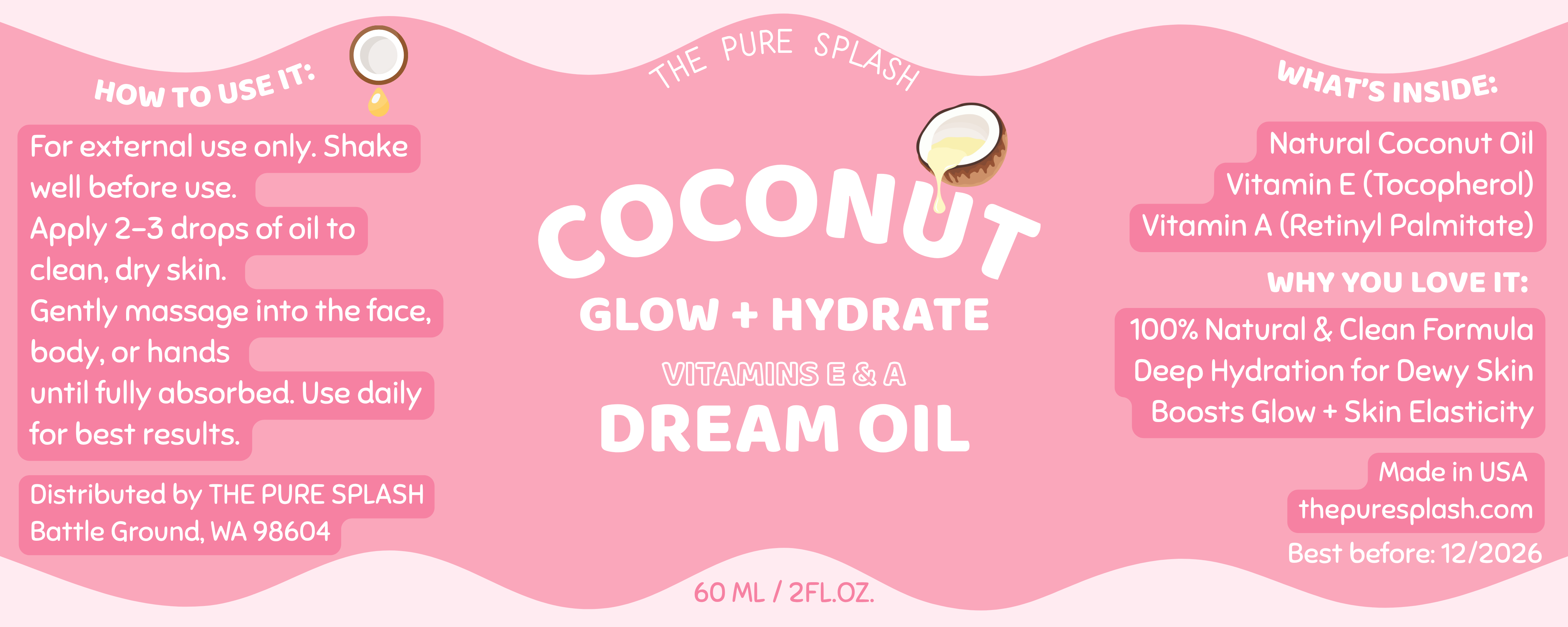 Coconut Dream Oil – Glow + Hydrate Face & Body Oil with Vitamins E & A – Lightweight, Non-Greasy Daily Moisturizer – 100% Natural, 2 fl oz