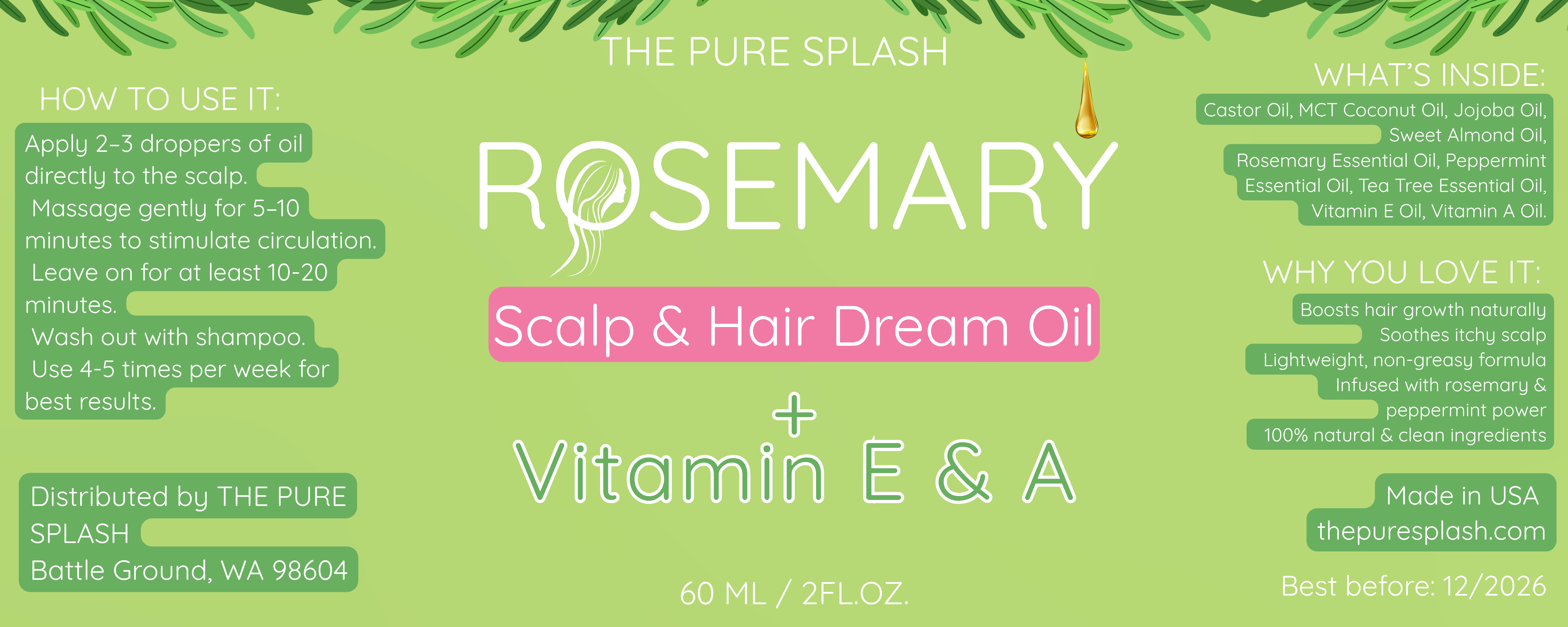 Rosemary Scalp & Hair Dream Oil – Natural Hair Growth & Scalp Care with Peppermint, Vitamin E & A – Lightweight Herbal Blend for Daily Use – 2 fl oz