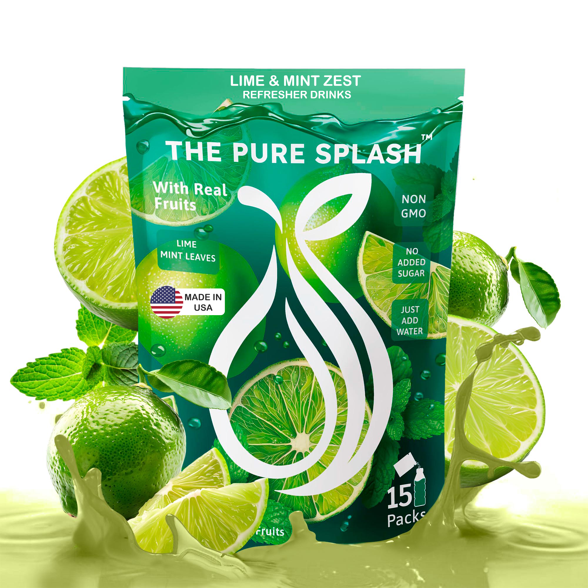 Lime & Mint Zest Refresher Hydration Powdered Drink – 15 Single On-The-Go Packets